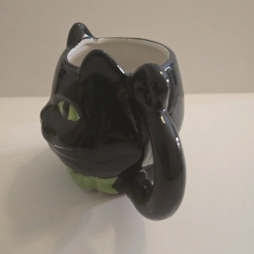 Halloween Black Cat Mug Green Eyes Ceramic Spooky Coffee Cup Gothic Decor